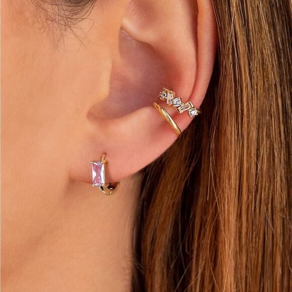14K Yellow Gold with Pink Sapphire Cubic Zirconia Baguette Cut Huggie Earrings - Picture 5 of 7